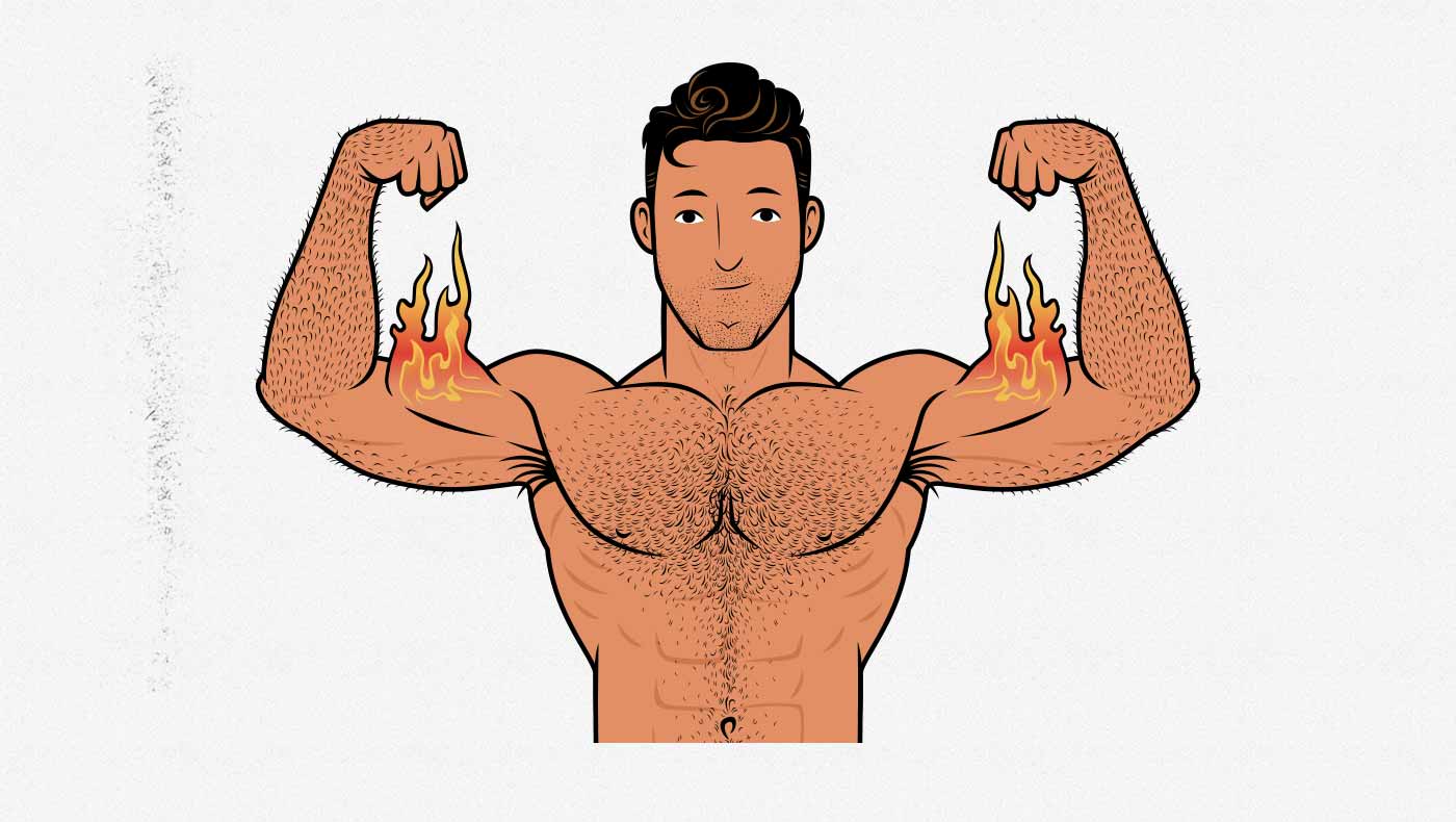 Illustration of a man flexing flaming biceps.