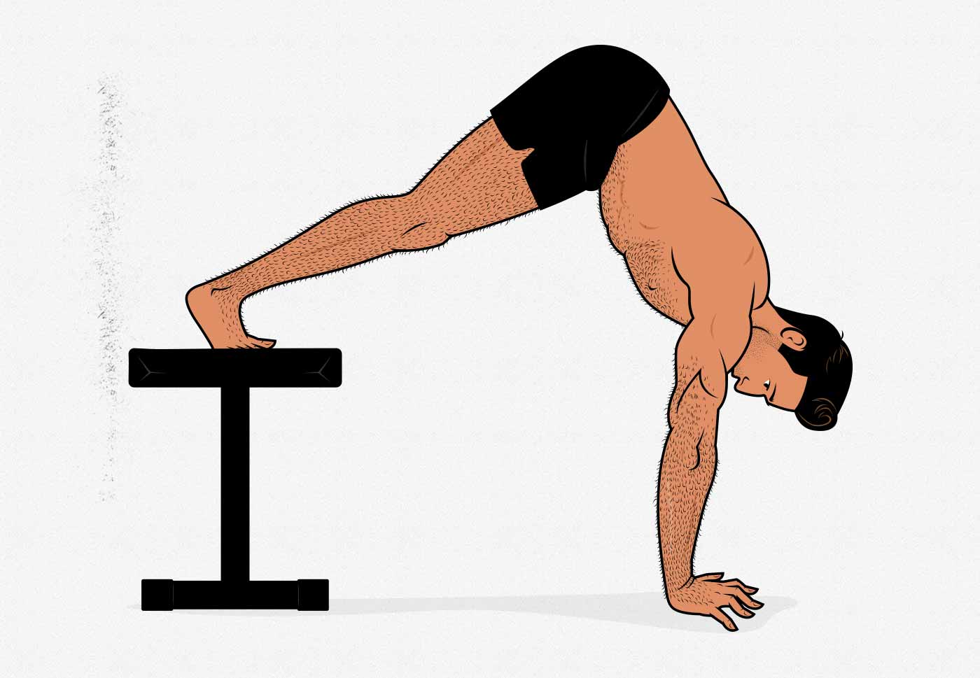 Illustration of a man doing a pike push-up with his feet raised.