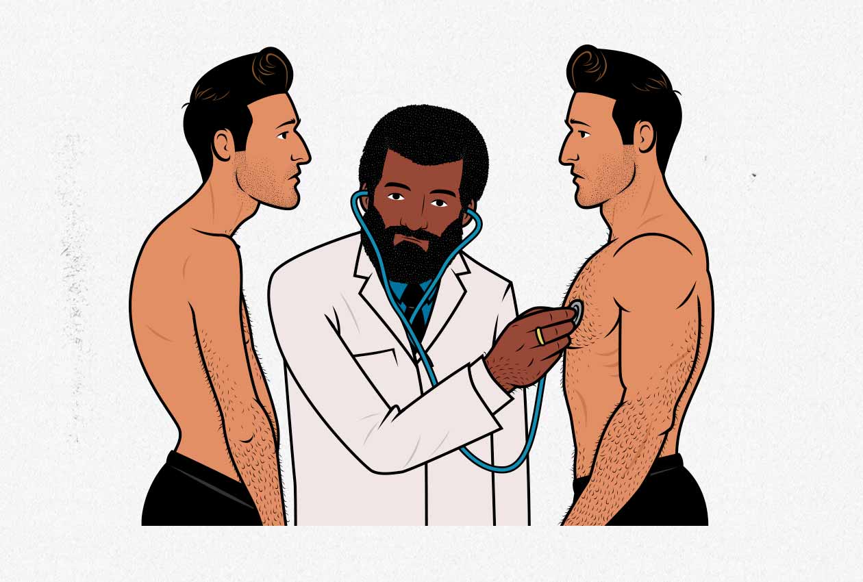 Illustration of a doctor checking a skinny and muscular man to see if they're healthy.