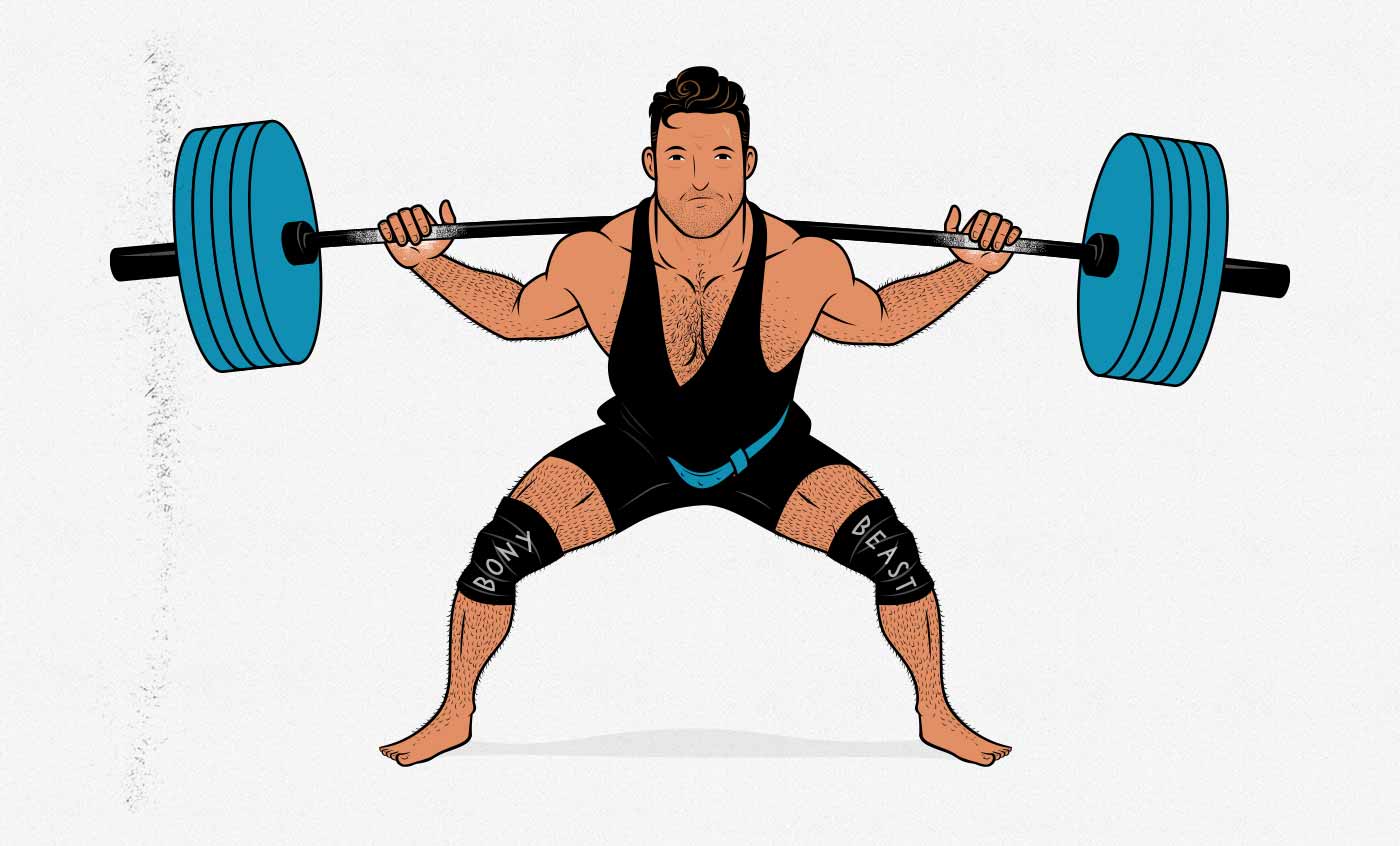 Illustration of a geared powerlifter doing a barbell back squat in a squat suit and knee wraps.