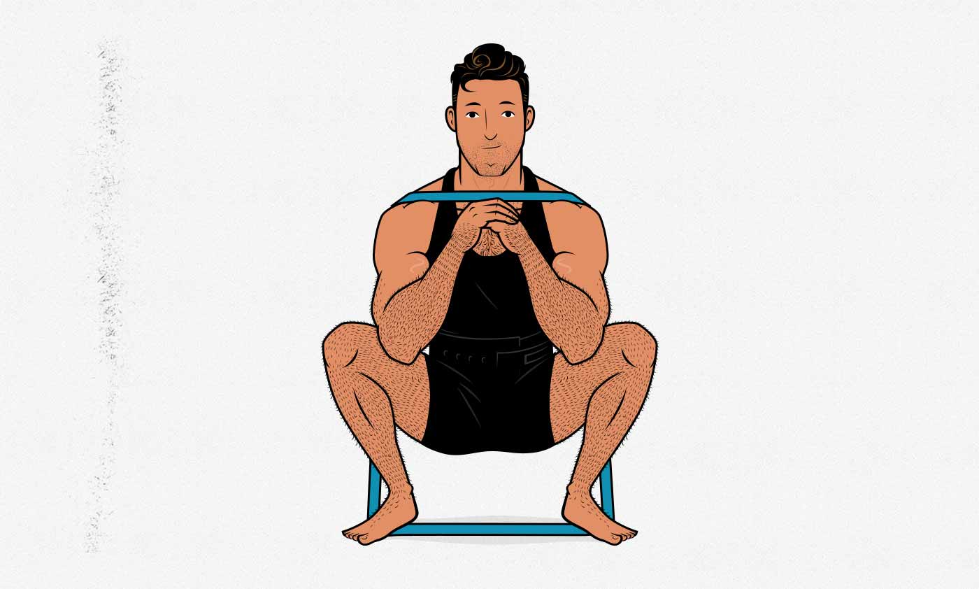 Illustration of a man doing a squat with a resistance band.
