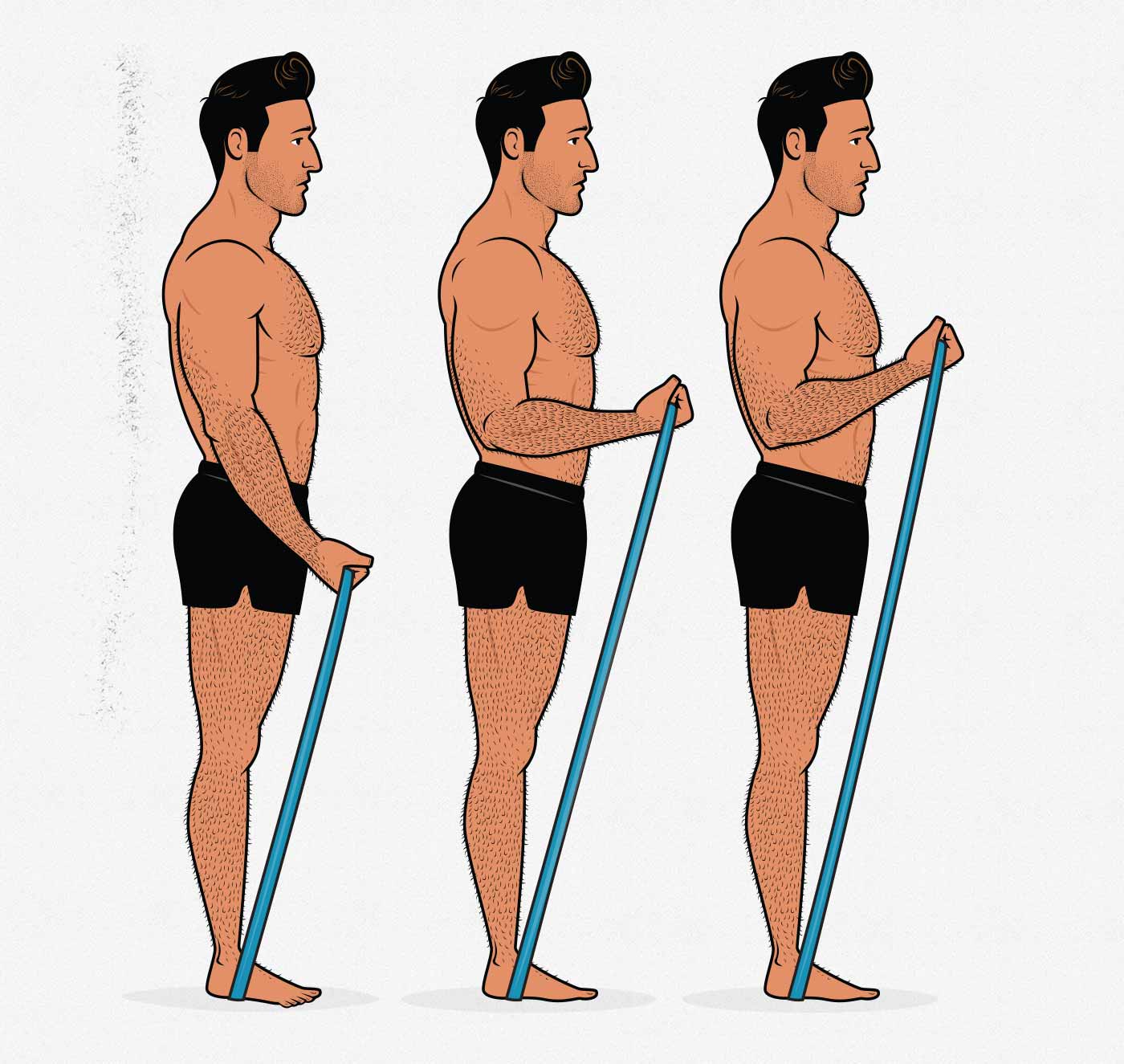 Illustration of a muscular man doing biceps curls with resistance bands.