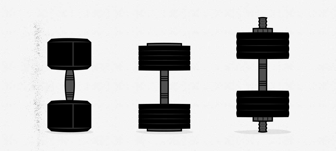 Illustration showing the different types of adjustable dumbbell.