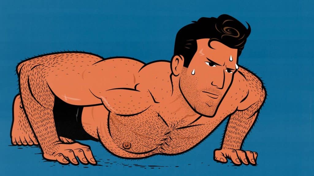 Illustration of a skinny guy doing push-ups to build muscle at home.