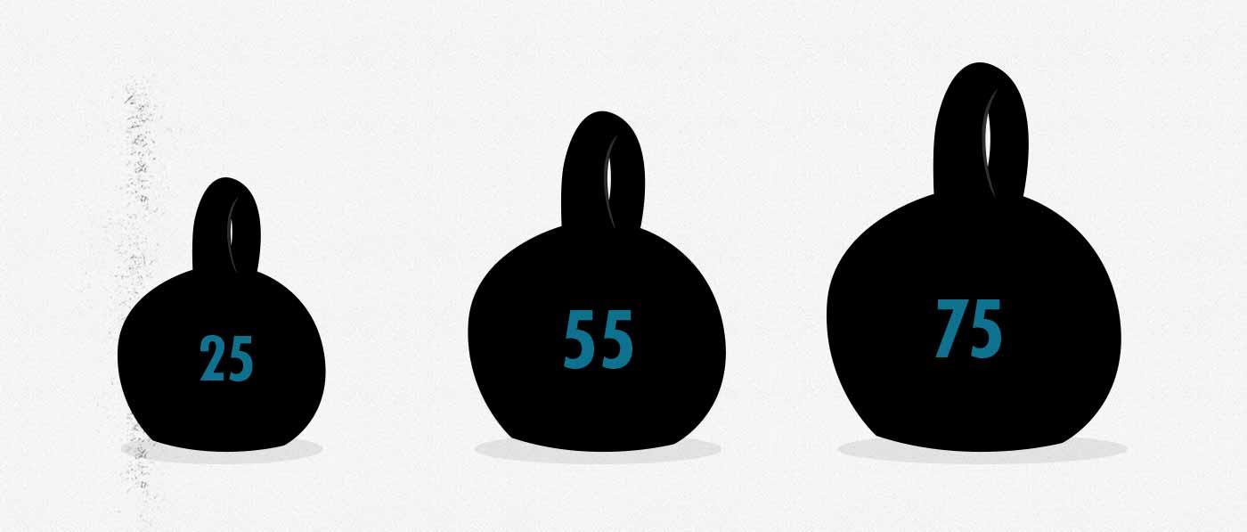 Illustration of three kettlebells.