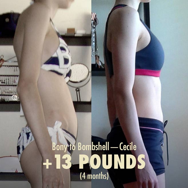 Before and after photo of an ectomorph woman gaining weight.