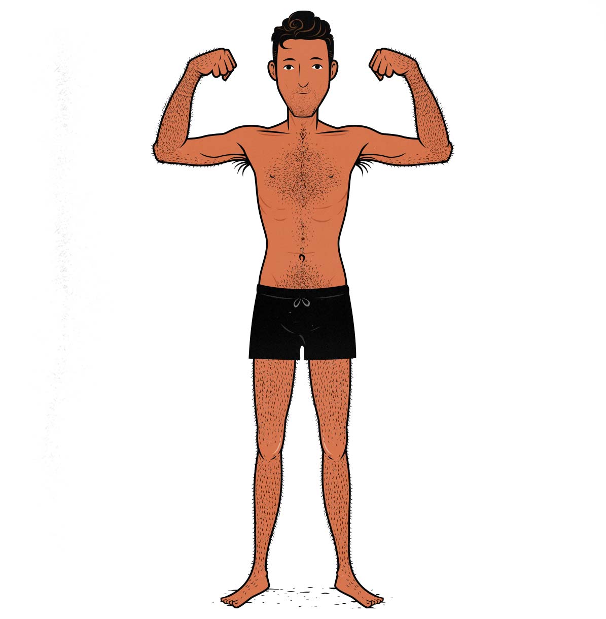 An illustration of the ectomorph body type, showing a skinny man flexing his muscles. Illustrated by Shane Duquette.