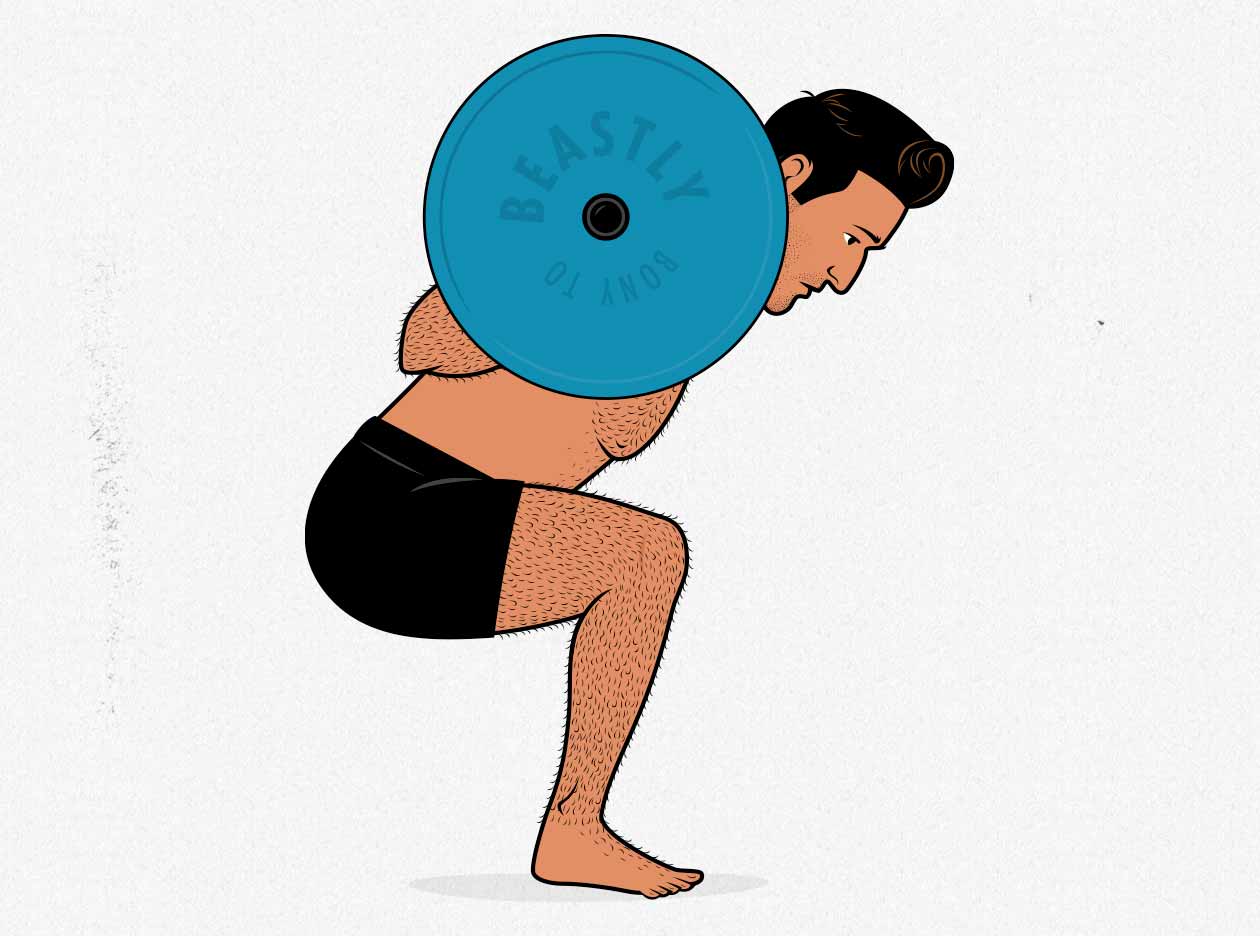 Illustration of a man doing a low-bar barbell back squat.