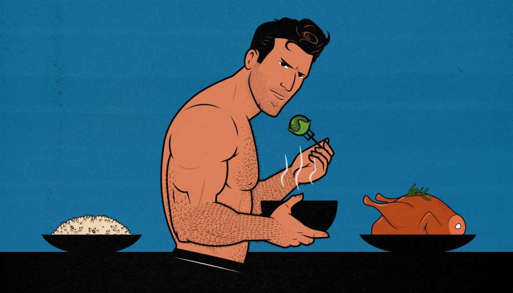 Illustration of a skinny bodybuilder eating a bulking diet.