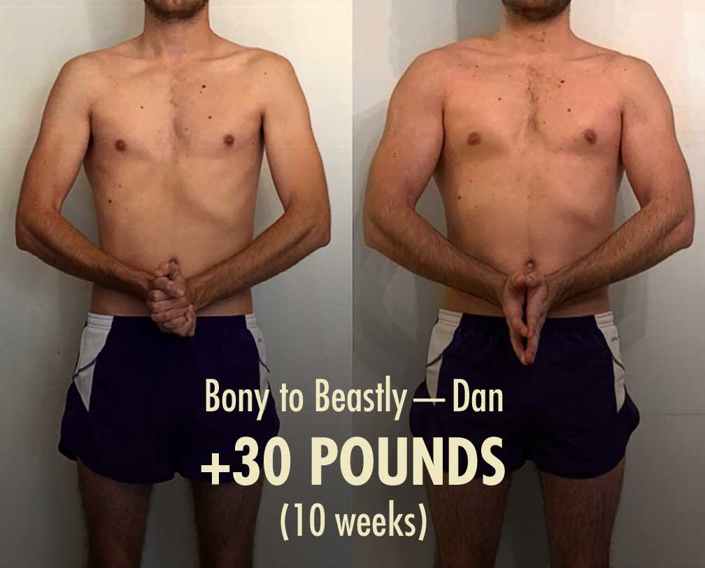 Before and after photo showing the results of a skinny guy bulking up with the Bony to Beastly Program.