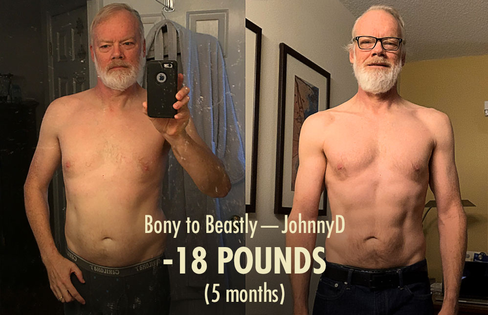 Before and after photo showing the results of a skinny guy bulking up with the Bony to Beastly Program as an older man.