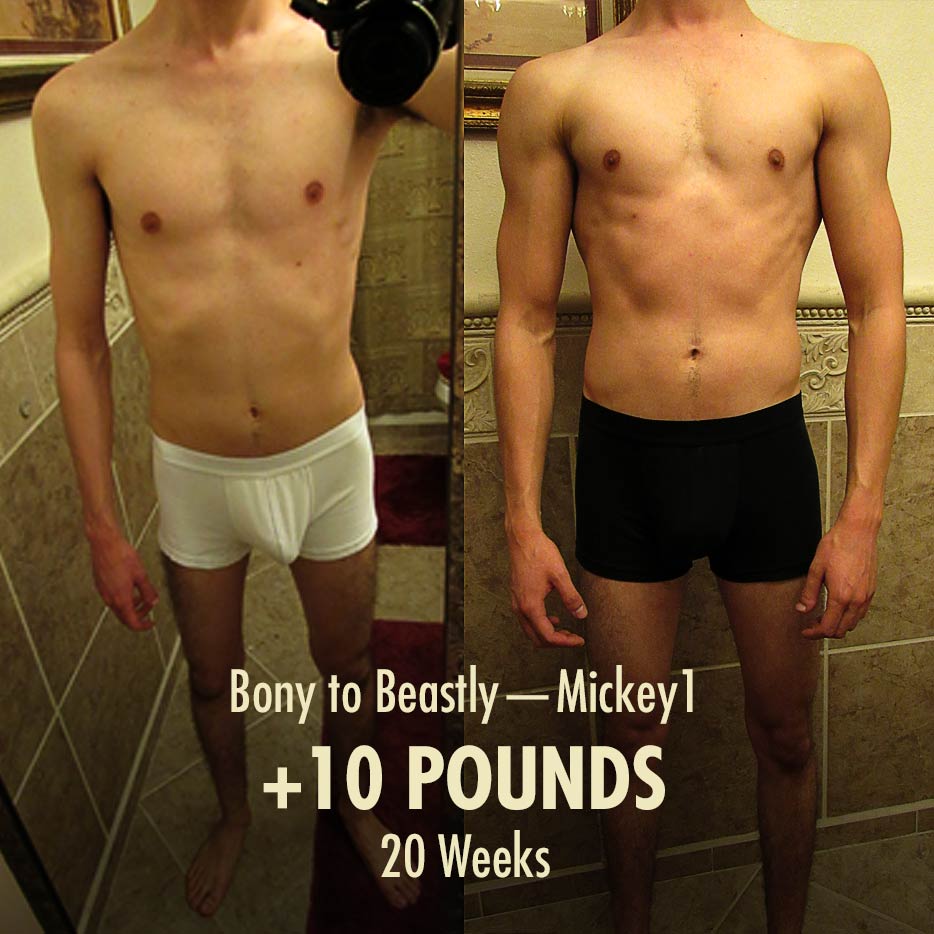Before and after photo showing the results of a skinny guy bulking up with the Bony to Beastly Program.