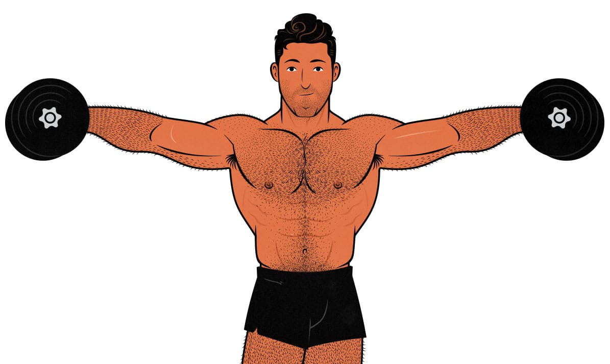 Illustration of a weight lifter doing lateral raises to build broader shoulders.