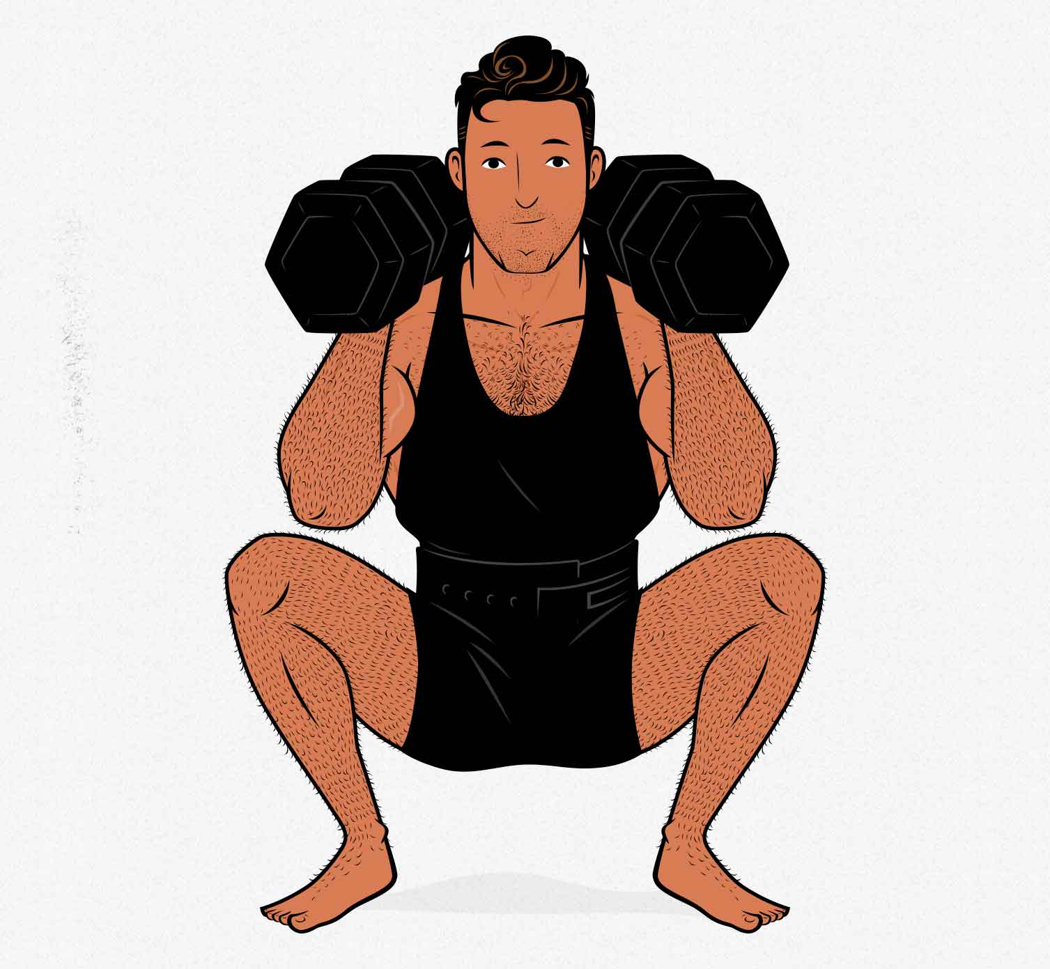 Illustration of a bodybuilder doing a barbell squat alternative with dumbbells at home.