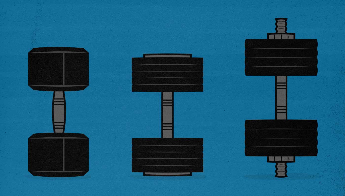 Illustration of three popular types of adjustable dumbbells you can buy for your home gym.