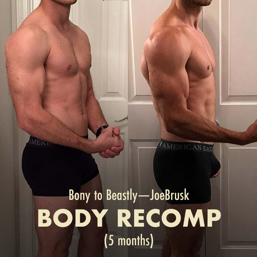 Before and after photo of a guy building muscle and losing fat simultaneously, achieving body recomposition.