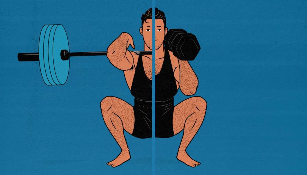 Illustration of a bodybuilder using a barbell and dumbbells to build muscle.