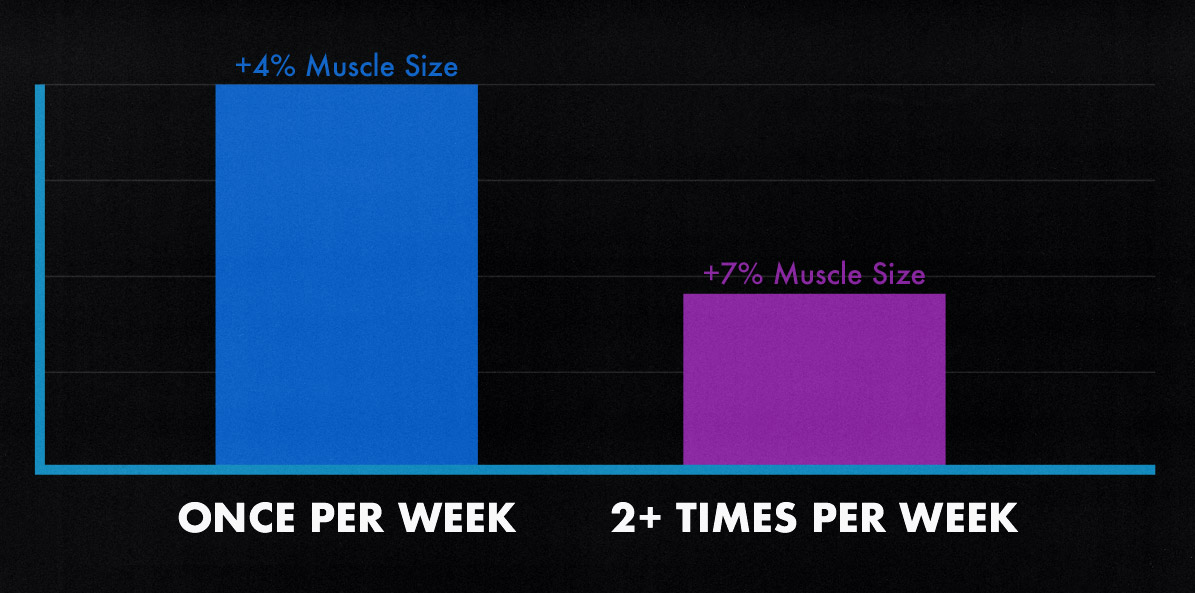 Graph showing muscle growth with different training frequencies and workout splits.