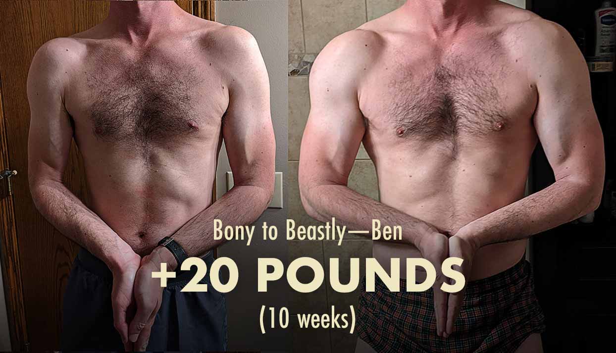 Before and after photo showing Ben's weight-gain results.