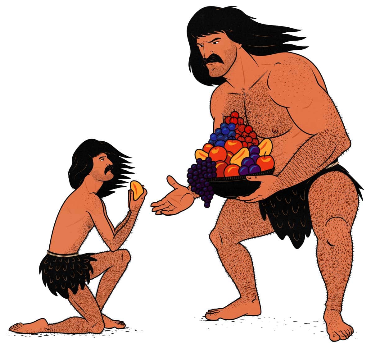 Illustration of a muscular giant taking carbs from a skinny man so that he can build more muscle. Illustrated by Shane Duquette from Bony to Beastly.