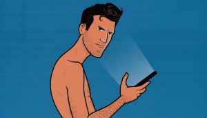 Illustration of a skinny guy using a calorie tracking app to help him bulk up.