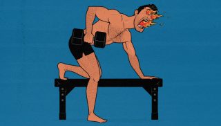 Illustration showing a man getting a hernia from doing a one-arm dumbbell row with his knee up on a bench.