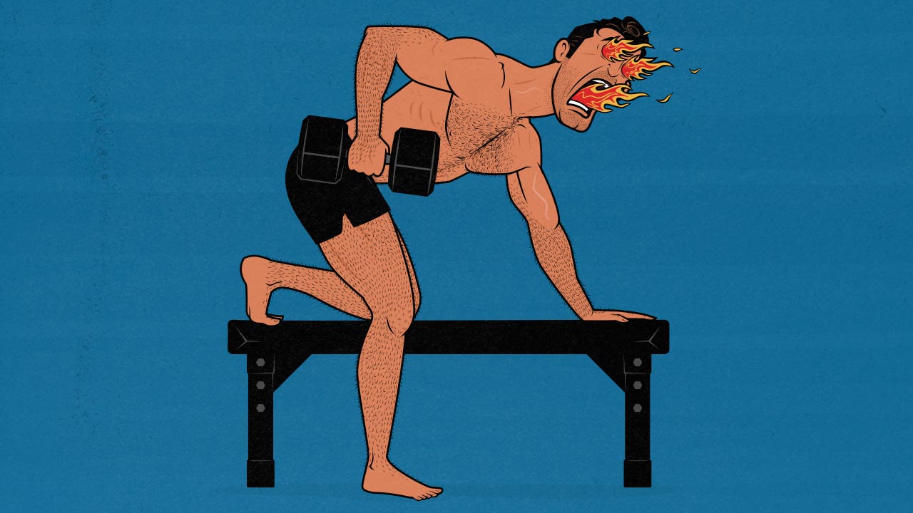 Illustration showing a man getting a hernia from doing a one-arm dumbbell row with his knee up on a bench.