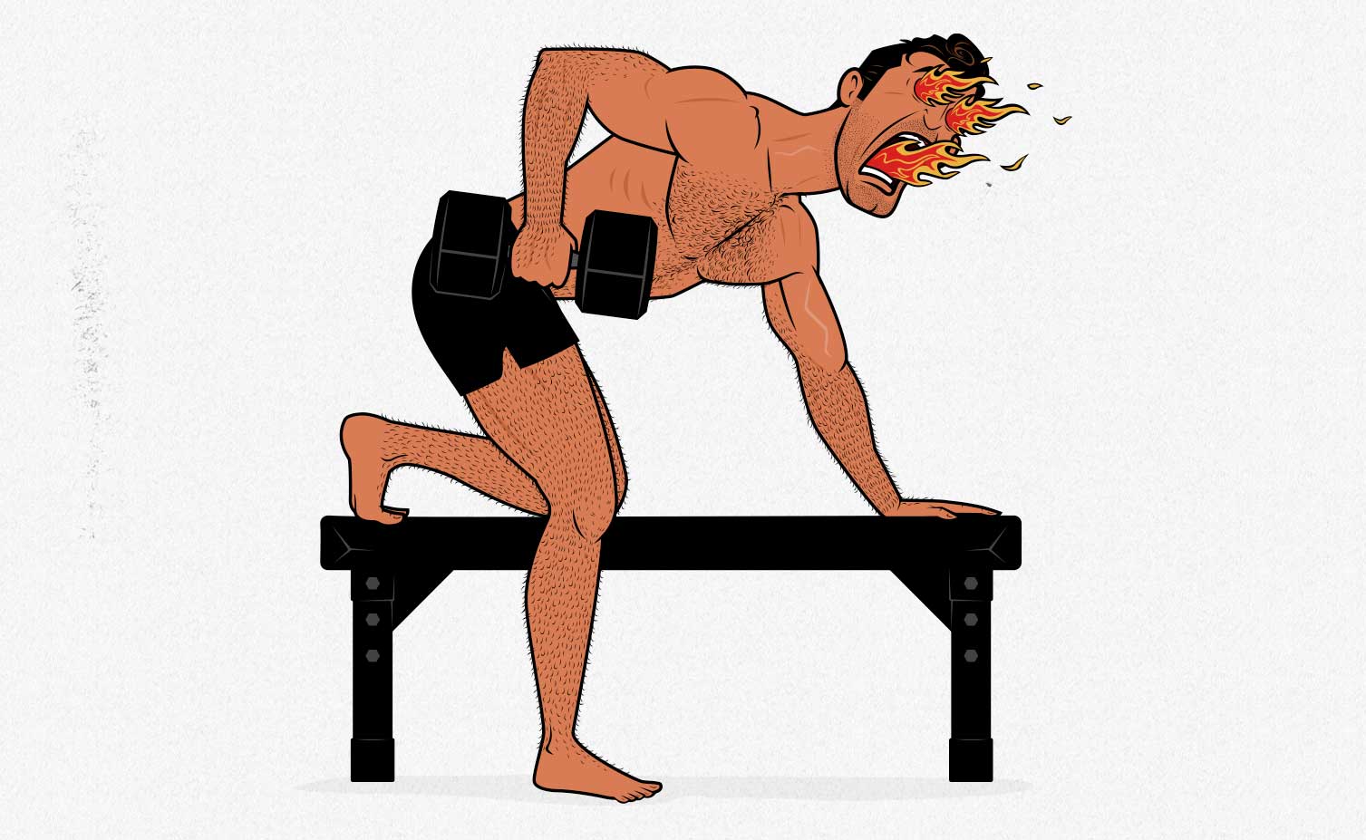 Illustration of a man getting a hernia from doing dumbbell rows with his knee up on a bench.