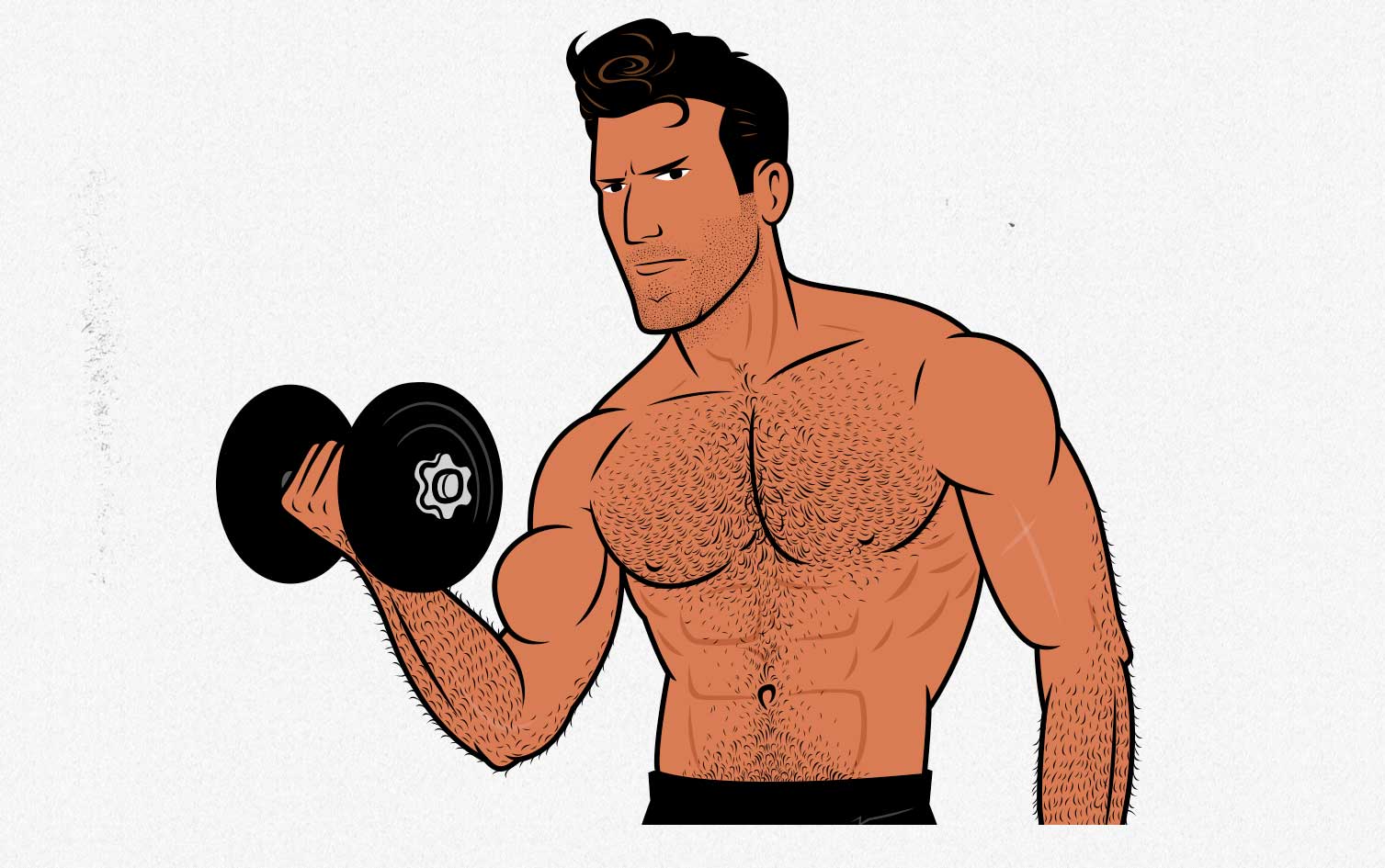 Cartoon of a bodybuilding doing biceps curls to build bigger arms.