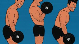 Cartoon of a bodybuilder doing cheat biceps curls with bad technique.