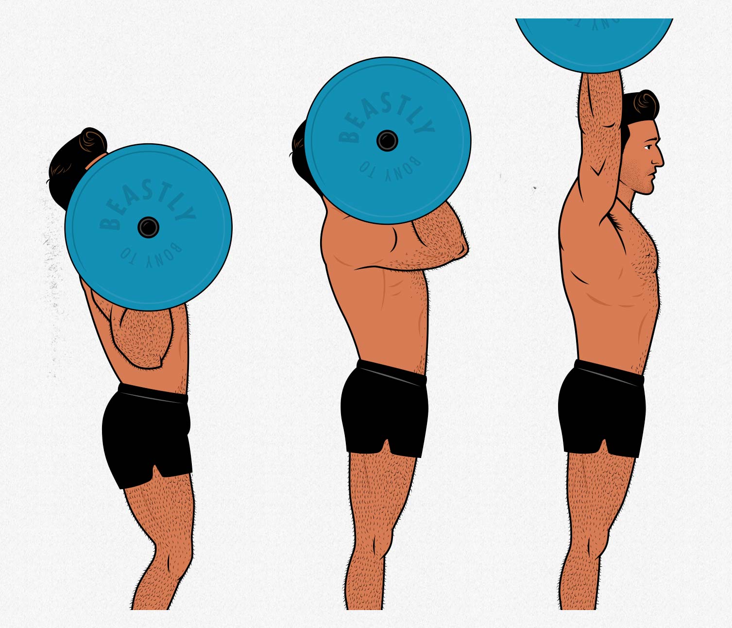 Cartoon of a bodybuilder doing a push-press to build bigger shoulders.