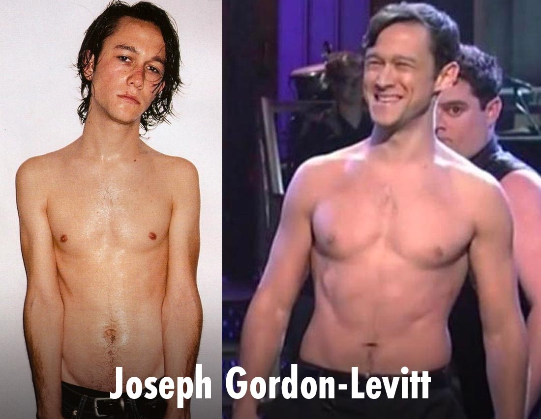 Photo showing Joseph Gordon-Levitt's body before and after bulking up for Don Jon.