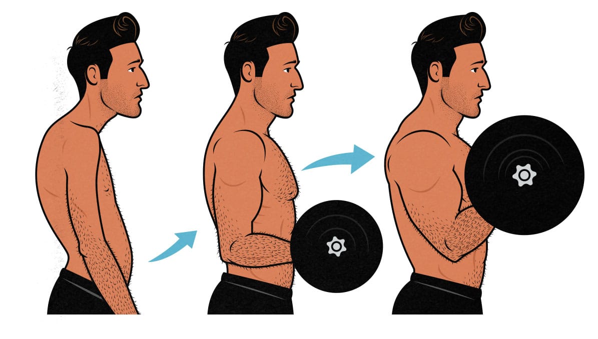 Illustration of a skinny guy doing biceps curls to build bigger arms.