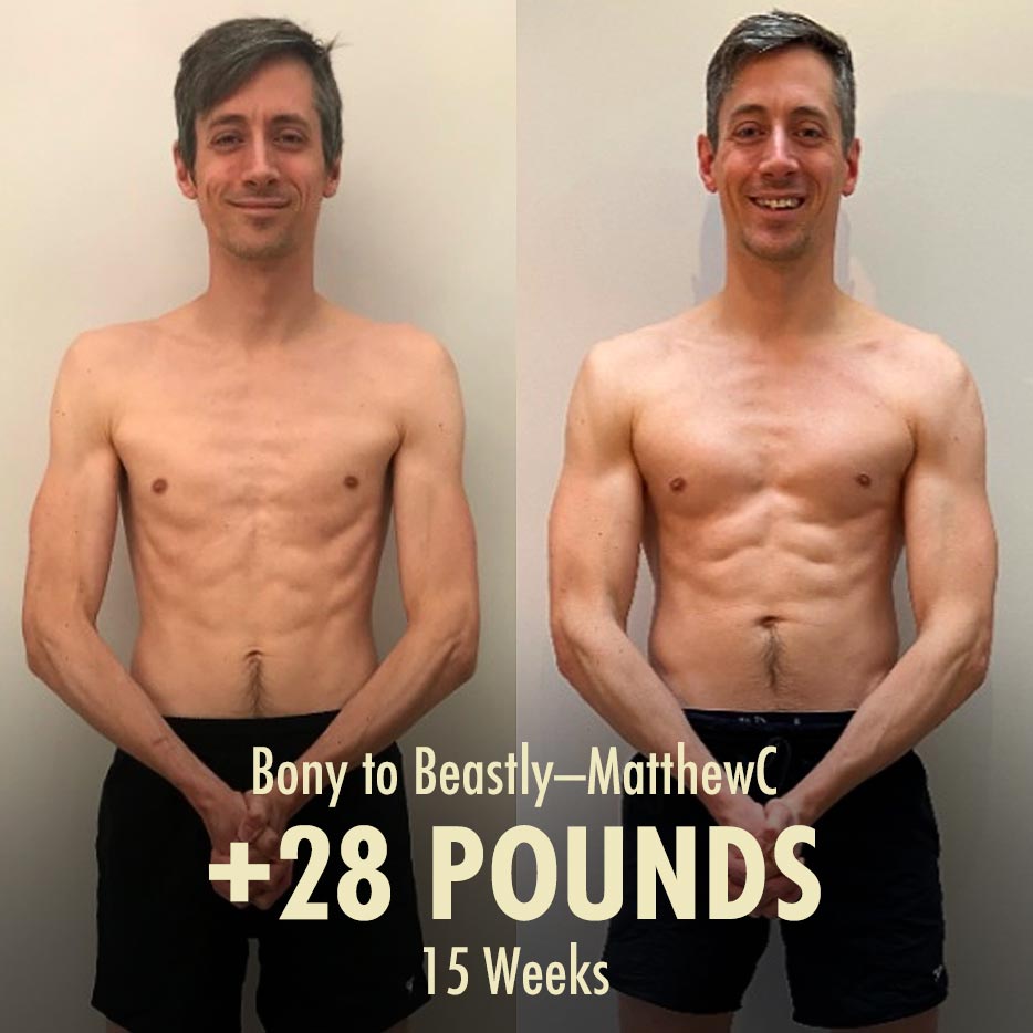 Before and after photo showing a skinny guy bulking up and building muscle.