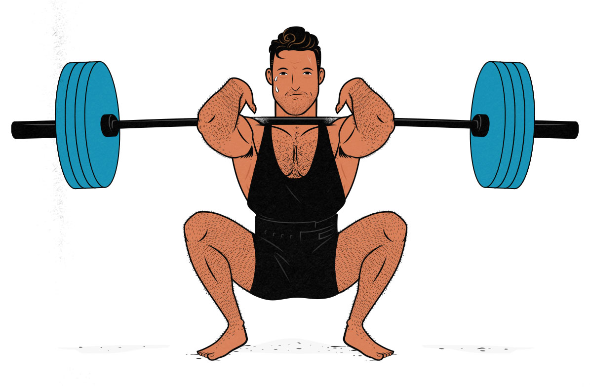Illustration of a bodybuilder doing front squats to build muscle.