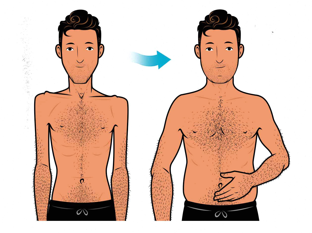 Illustration showing a skinny guy gaining fat from mass gainers.