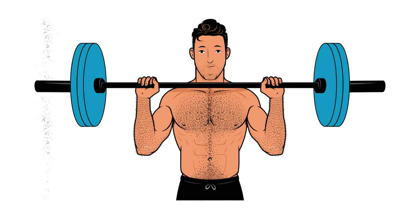 Illustration of a man doing the barbell overhead press.