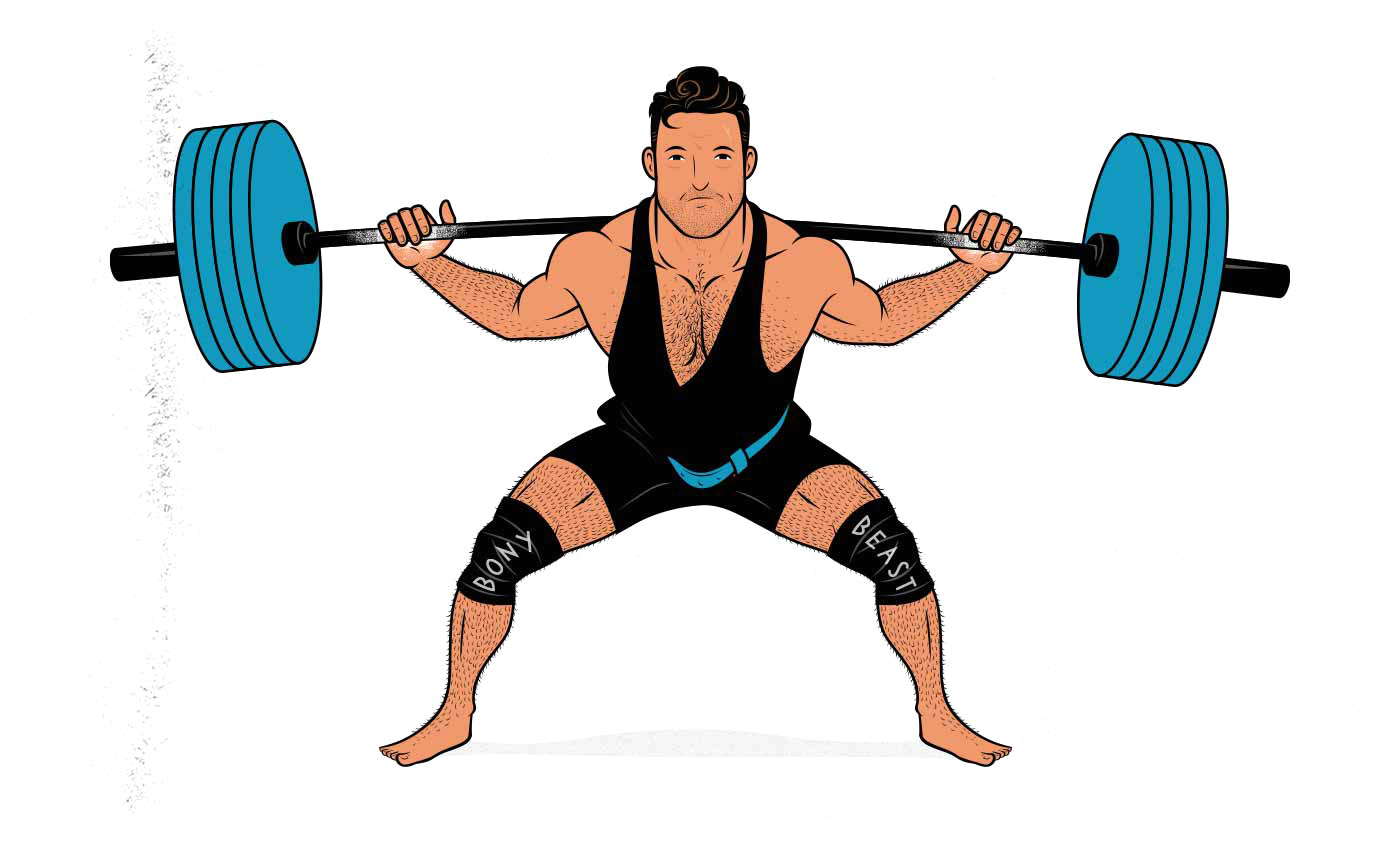 Illustration of a geared powerlifter doing a barbell back squat in a squat suit and knee wraps.