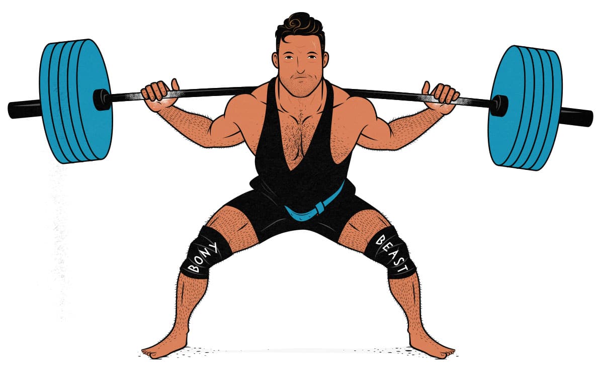 Illustration of a powerlifter doing a wide-stance low-bar squat.