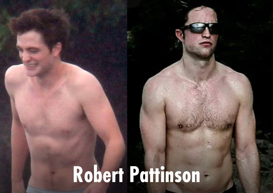 Photo showing Robert Pattinson's body before and after bulking up for Batman.