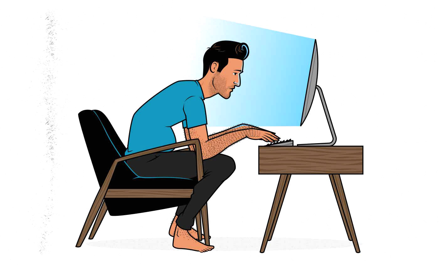 Illustration of a skinny-fat man sitting at a desk staring at his computer screen.