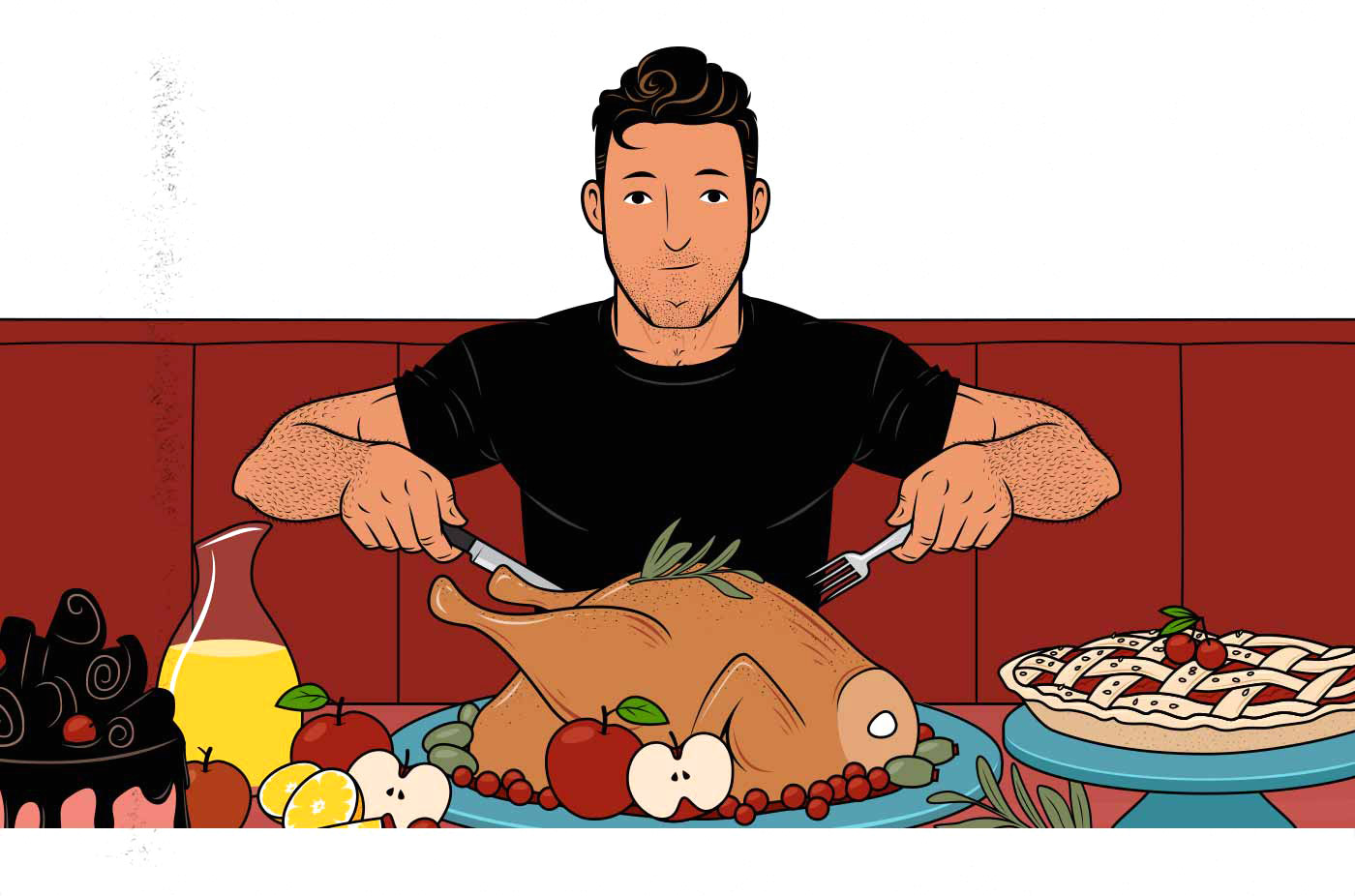 Illustration of a skinny guy eating a big nutritious bulking diet to build muscle and gain weight.