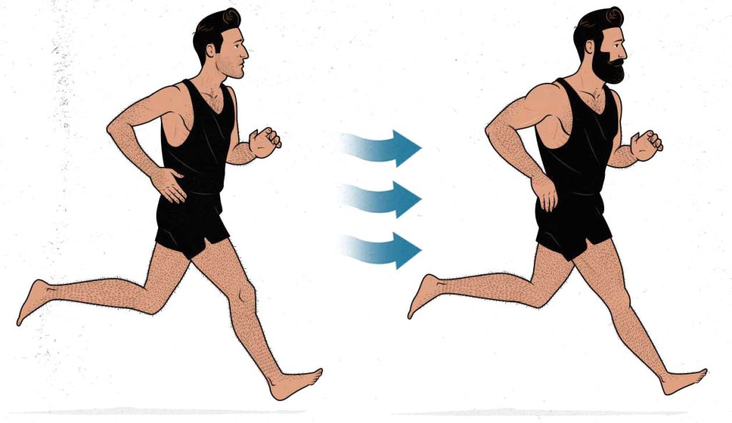 Illustration of a skinny guy running and becoming more muscular.