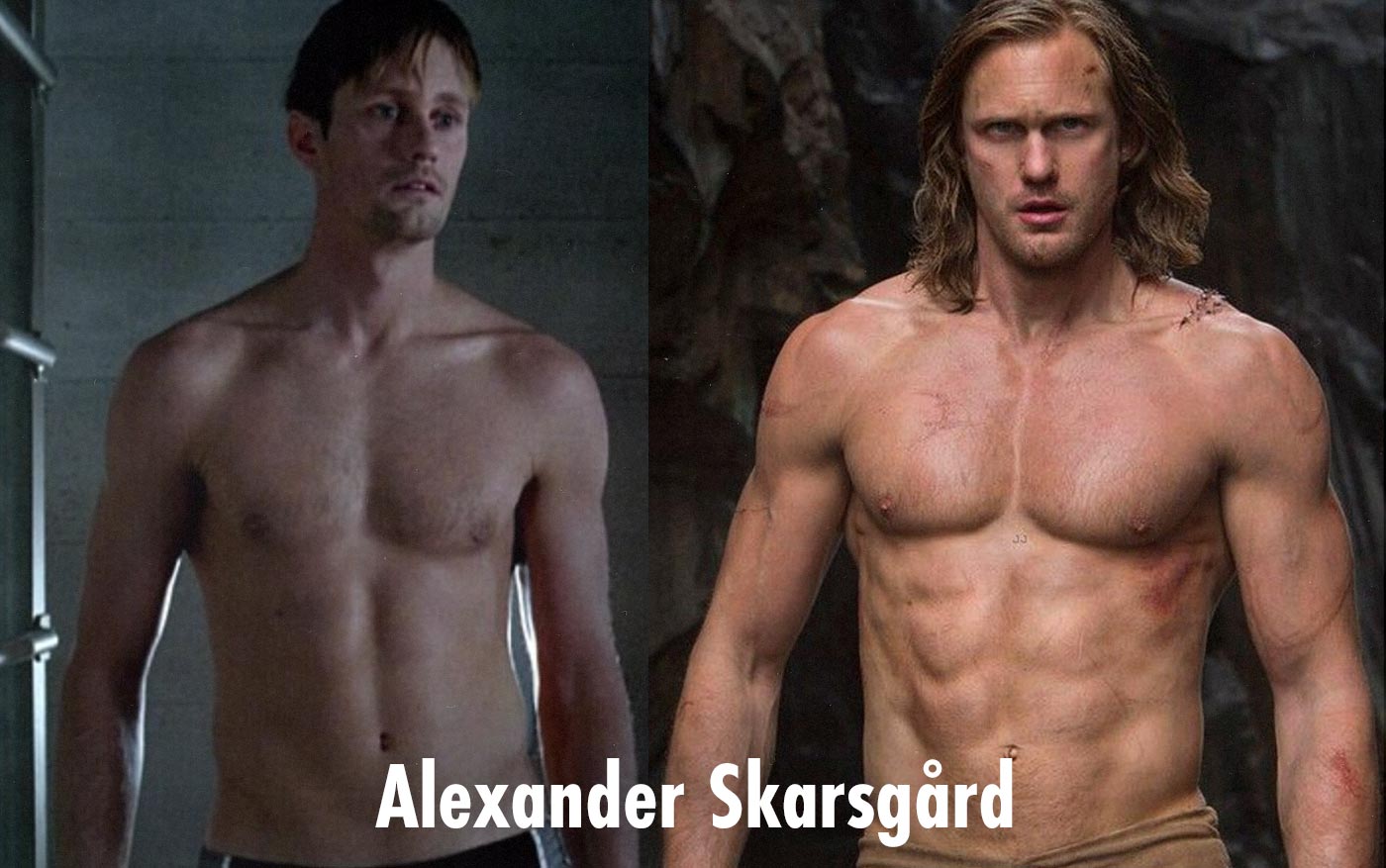 Before and after photo showing Alexander Skarsgård bulking up between True Blood and Tarzan.