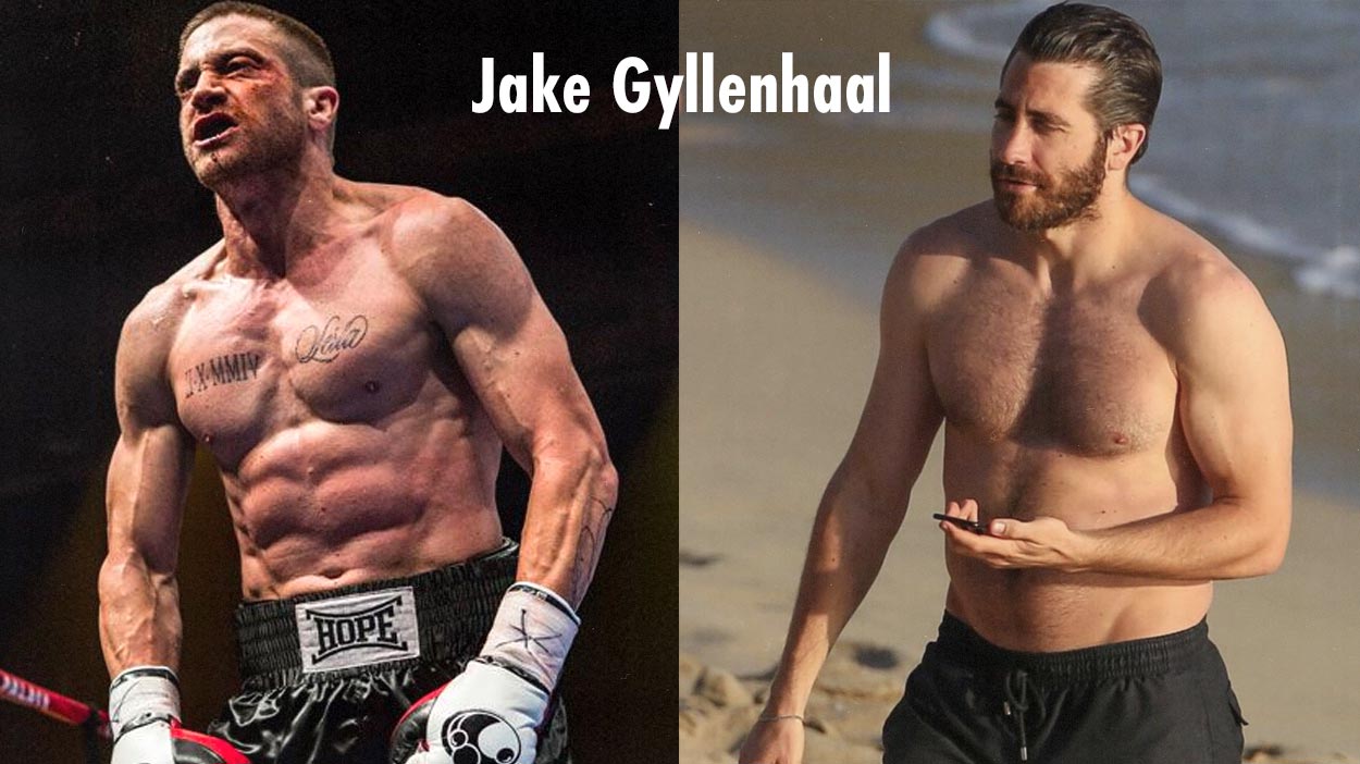 Photo comparing Jake Gyllenhaal in Hollywood movies versus in real life.
