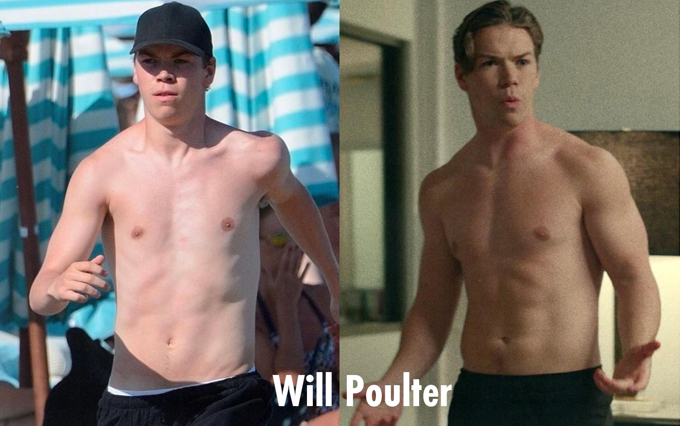Before and after photo showing a skinny Will Poulter bulking up and building muscle.