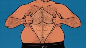 Illustration showing an overweight man cutting fat and revealing his muscle underneath.