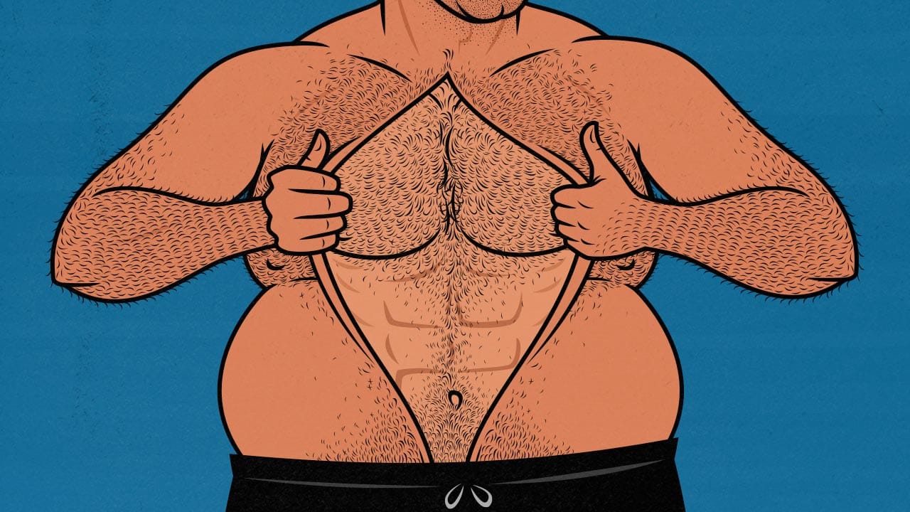 Illustration showing an overweight man cutting fat and revealing his muscle underneath.