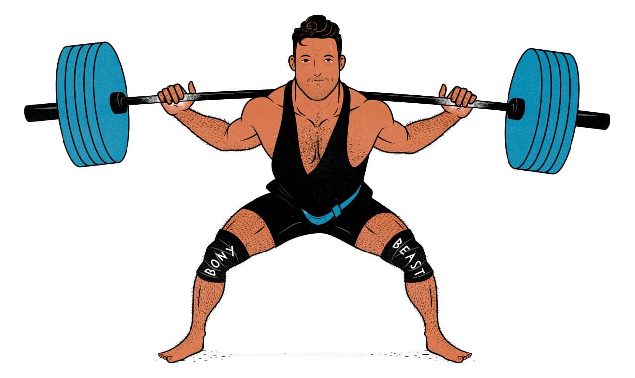 Illustration of a powerlifter doing a barbell back squat to lose fat.