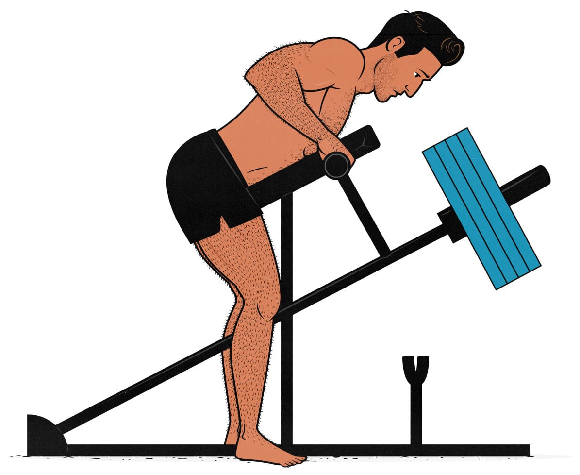 Illustration of a bodybuilder doing t-bar rows to build bigger back muscles.